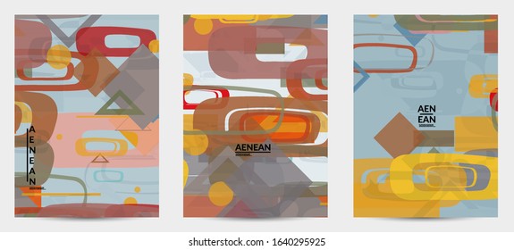 Abstract geometric texture. Mid century modern  design with geometric shapes transparent and overlapping. Retro colors. Flyer template retro geometry vintage style.