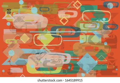 Abstrakte geometrische Struktur. Modernes Design aus dem Mittelalter mit geometrischen Formen, transparent und überlappend. Retro-Farben. Webseitenvorlage Retro Geometrie Vintage Stil.