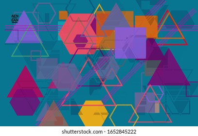 Abstract geometric texture. Mid century modern  design with geometric shapes transparent and overlapping. Retro colors. Webpage template retro geometry vintage style.