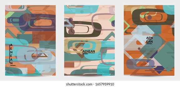 Abstract geometric texture. Mid century modern  design with geometric shapes transparent and overlapping. Retro colors. Flyer template retro geometry vintage style.