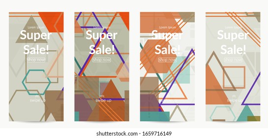 Abstract geometric texture. Mid century modern  design with geometric shapes transparent and overlapping. Retro colors. Social media template retro geometry vintage style.