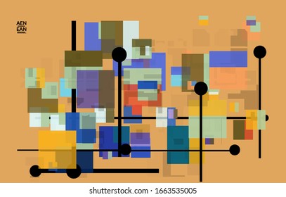 Abstract geometric texture. Mid century modern  design with geometric shapes transparent and overlapping. Retro colors. Webpage template retro geometry vintage style.