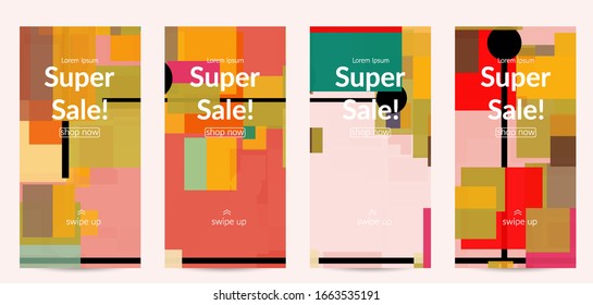 Abstract geometric texture. Mid century modern  design with geometric shapes transparent and overlapping. Retro colors. Social media template retro geometry vintage style.