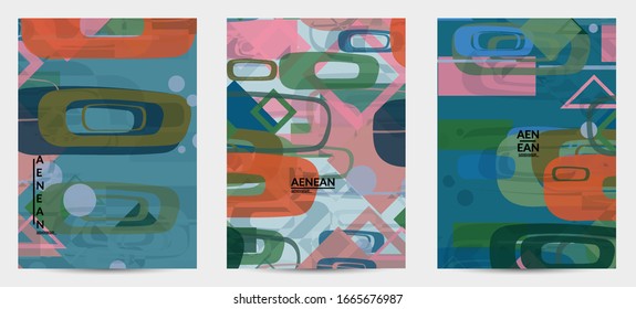 Abstract geometric texture. Mid century modern  design with geometric shapes transparent and overlapping. Retro colors. Flyer template retro geometry vintage style.