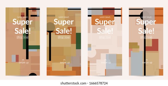 Abstract geometric texture. Mid century modern  design with geometric shapes transparent and overlapping. Retro colors. Social media template retro geometry vintage style.