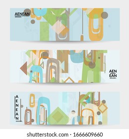 Abstract geometric texture. Mid century modern  design with geometric shapes transparent and overlapping. Retro colors. Banner template retro geometry vintage style.