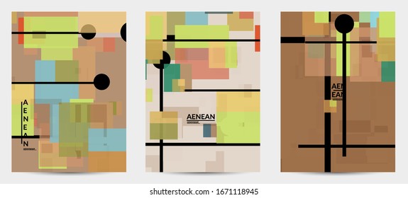  Abstrakte geometrische Struktur. Modernes Design aus dem Mittelalter mit geometrischen Formen, transparent und überlappend. Retro-Farben. Flyer Vorlage Retro Geometrie Vintage Stil.