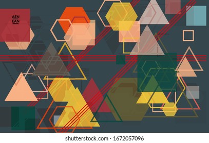 Abstract geometric texture. Mid century modern  design with geometric shapes transparent and overlapping. Retro colors. Webpage template retro geometry vintage style.