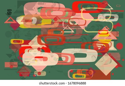 Abstract geometric texture. Mid century modern  design with geometric shapes transparent and overlapping. Retro colors. Webpage template retro geometry vintage style.