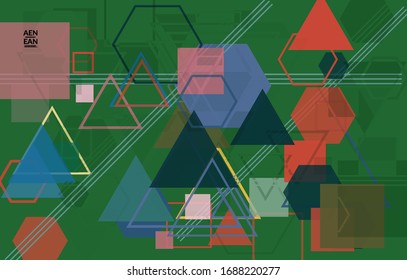 Abstract geometric texture. Mid century modern  design with geometric shapes transparent and overlapping. Retro colors. Webpage template retro geometry vintage style.