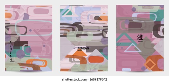 Abstract geometric texture. Mid century modern  design with geometric shapes transparent and overlapping. Retro colors. Flyer template retro geometry vintage style.