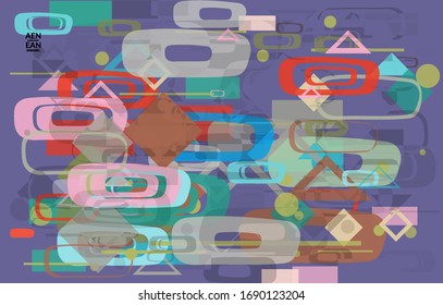 Abstract geometric texture. Mid century modern  design with geometric shapes transparent and overlapping. Retro colors. Webpage template retro geometry vintage style.