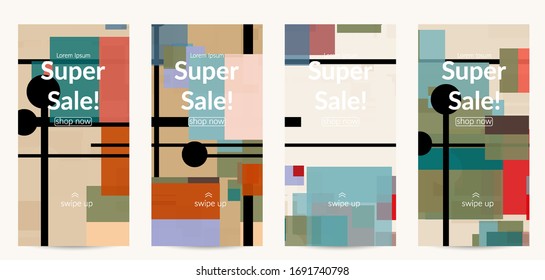 Abstract geometric texture. Mid century modern  design with geometric shapes transparent and overlapping. Retro colors. Social media template retro geometry vintage style.