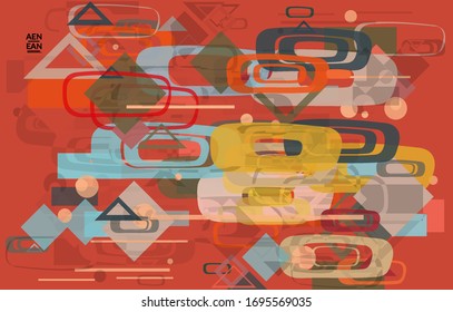 Abstract geometric texture. Mid century modern  design with geometric shapes transparent and overlapping. Retro colors. Webpage template retro geometry vintage style.