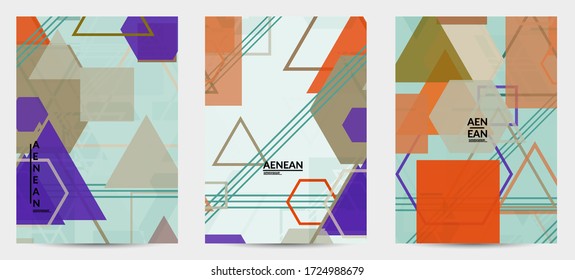 Abstract geometric texture. Mid century modern  design with geometric shapes transparent and overlapping. Retro colors. Flyer template retro geometry vintage style.