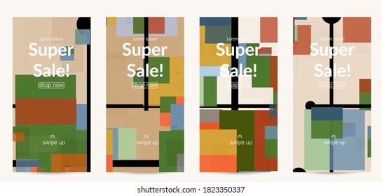 Abstract geometric texture. Mid century modern  design with geometric shapes transparent and overlapping. Retro colors. Social media template retro geometry vintage style.