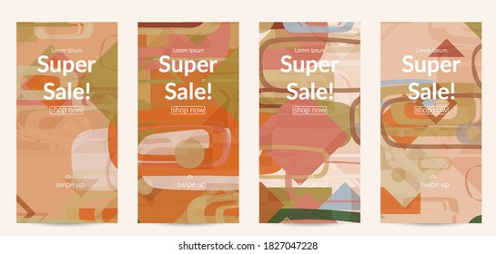 Abstract geometric texture. Mid century modern  design with geometric shapes transparent and overlapping. Retro colors. Social media template retro geometry vintage style.