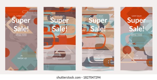 Abstract geometric texture. Mid century modern  design with geometric shapes transparent and overlapping. Retro colors. Social media template retro geometry vintage style.