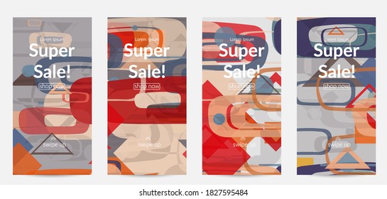 Abstract geometric texture. Mid century modern  design with geometric shapes transparent and overlapping. Retro colors. Social media template retro geometry vintage style.