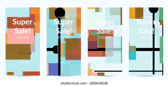 Abstract geometric texture. Mid century modern  design with geometric shapes transparent and overlapping. Retro colors. Social media template retro geometry vintage style.
