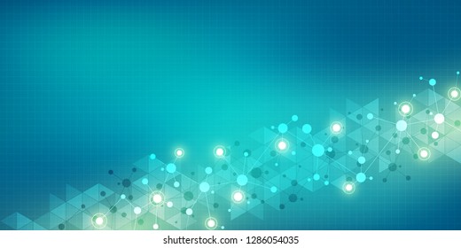 Abstract geometric texture with molecular structures and neural network. Molecules DNA and genetic research. Plexus background. Vector illustration for medical, scientific and technological design