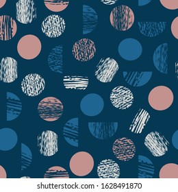 Abstract geometric texture seamless pattern with circle shapes. Trendy hand drawn vector textures in blue and pinkl colors. Modern abstract surface pattern design for paper, cover, fabric, interior