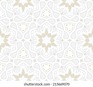 Abstract geometric texture in vintage style with gold snowflakes and silver shapes for Christmas and holiday decor or wedding invitation background. Seamless vector pattern for winter fashion