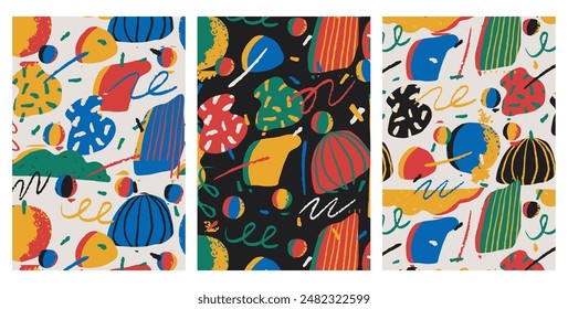 Abstract geometric texture. Wavy and swirled bold brush strokes seamless pattern. Hand drawn vector geometric pattern with curved bold lines, circle and rhombus. Children style colored banner.
