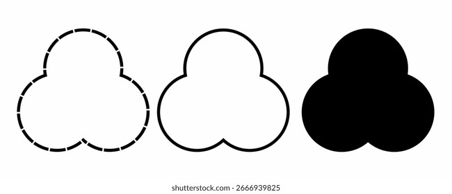 Forma geométrica abstrata de três círculos definida com contorno tracejado, contorno sólido e estilo preenchido. Design vetorial minimalista para logotipo, infográfico, símbolo ou decoração gráfica moderna