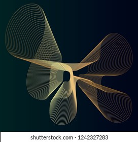 Abstract geometric throbbing shape with golden waveform in lines on dark green background
