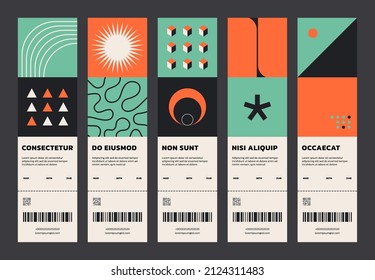 Abstract geometric tickets. Set of minimalist simple flyer set with bold geometry shapes, swiss bauhaus style. Vector design