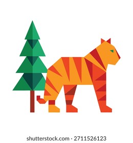 Um tigre geométrico abstrato formado a partir de formas angulares em negrito, criando um design artístico único com inspiração festiva.