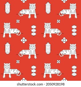 Abstract geometric tiger seamless pattern. Symbol of the Chinese New Year. Lying animal and china lanterns. Vector red texture