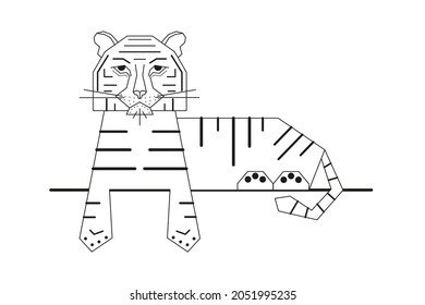 Abstract geometric tiger is the symbol of the Chinese New Year. Animal lying on a branch. Modern graphic design. Tattoo. Vector illustration isolated on white background