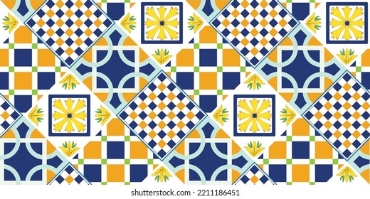Abstract Geometric Tile Pattern Italian Sicily Style Moroccan Interior Design Perfect for Allover Fabric Print or Interior Kitchen Design Chic Sweet Color Combinations Florals Ornament Blue Yellow