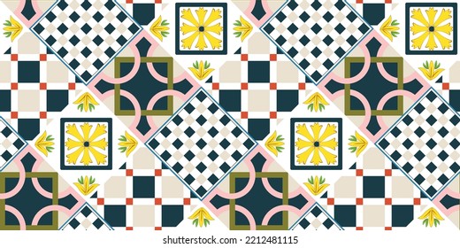 Abstract Geometric Tile Pattern Italian Sicily Style Moroccan Interior Design Perfect for Allover Fabric Print or Interior Kitchen Design Chic Sweet Color Combinations Florals Ornament Navy Blue Beige