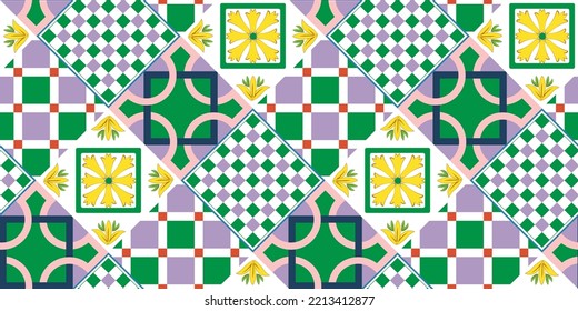 Abstract Geometric Tile Pattern Italian Sicily Style Moroccan Interior Design Perfect for Allover Fabric Print or Interior Kitchen Design Chic Sweet Color Combinations Florals Ornament Lilac Green