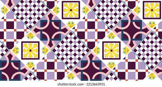 Abstract Geometric Tile Pattern Italian Sicily Style Moroccan Interior Design Perfect for Allover Fabric Print or Interior Kitchen Design Chic Sweet Color Combinations Florals Ornament Purple Lilac
