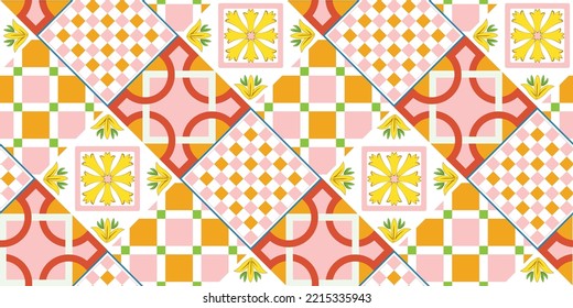 Abstract Geometric Tile Pattern Italian Sicily Style Moroccan Interior Design Perfect for Allover Fabric Print or Interior Kitchen Design Chic Sweet Color Combinations Florals Ornament Orange Pink