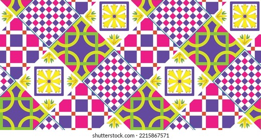 Resumen Patrón de mosaico geométrico Estilo Sicilia Italiano Diseño de interiores marroquíes Perfecto para la impresión de tejidos de alamante o la cocina interior Diseño Chic Dulce Combinaciones Florales Ornamento Fuchsia Púrpura
