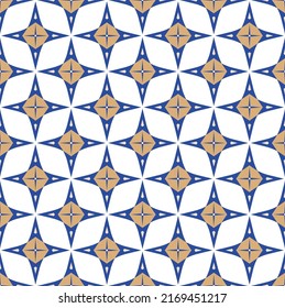 Abstract Geometric Tile Style Retro Pattern Three Color Minimal Trendy Fashion Design Perfect for Allover Fabric Print Blue Sandy Brown Tones