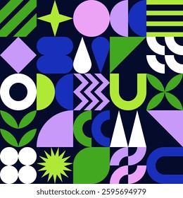 Abstract geometric tiles background. Vector flat bauhaus design for banner, poster, greeting card, print cover. Simple primitive elements colorful seamless pattern