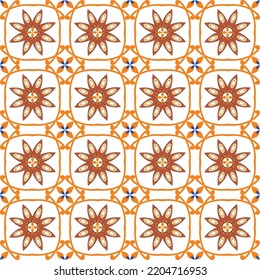 Abstract Geometric Traditional Ethnic Flowers Seamless Tile Pattern Indian Style Trending Retro Chic Design Stylish Colors Orange Amber Brown Tones