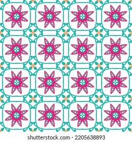 Abstract Geometric Traditional Ethnic Flowers Seamless Tile Pattern Indian Style Trending Retro Chic Design Stylish Colors Tiffany Blue Fuchsia Tones