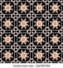 Abstract Geometric Traditional Ethnic Flowers Seamless Tile Pattern Indian Style Trending Retro Chic Design Stylish Colors Black Coral Tones