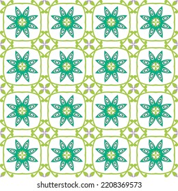 Abstract Geometric Traditional Ethnic Flowers Seamless Tile Pattern Indian Style Trending Retro Chic Design Stylish Colors Green Tiffany Blue Tones
