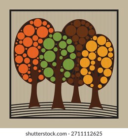 Abstract Geometric Tree Illustration with Circular Foliage in Autumn Colors – Perfect for Seasonal Greeting Cards and Modern Nature-Themed Educational Posters