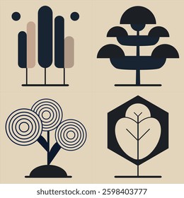 Abstract Geometric Trees with Modern Minimalist Style, Symmetrical Botanical Illustration