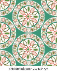 Abstract Geometric Trendy Fashion Contemporary Pattern Arabesque Ornate Seamless Scarf Style Circles Diamonds Vector Design Perfect for Allover Fabric Print Tiffany Blue Orange White Tones
