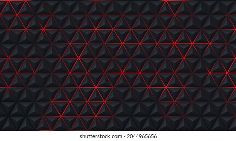 Abstract geometric triangle 3D pattern on red, black blurred background in technology style. Modern futuristic pyramid shape pattern design. Can use for cover template, poster. Vector illustration